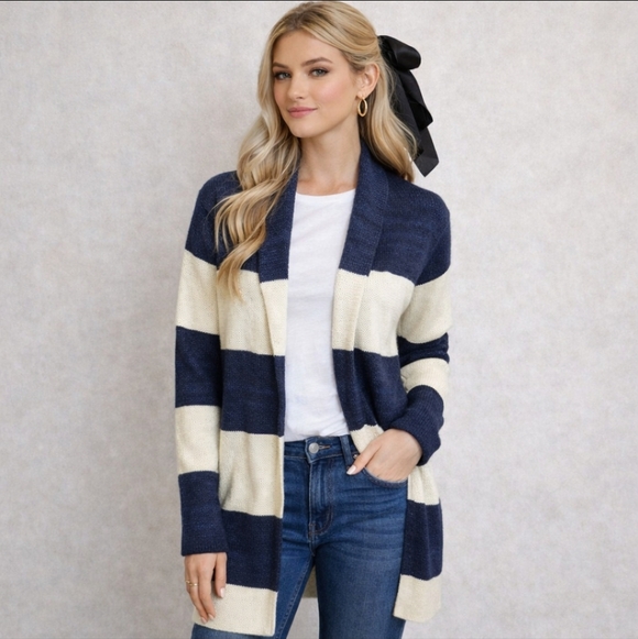 Lauren Ralph Lauren Striped Linen Cotton Cardigan Navy Cream Preppy XS - Picture 7 of 8